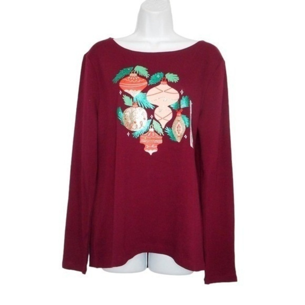 Croft Barrow Top M Red Long Sleeve Christmas Ornament Embellished Graphic Tee